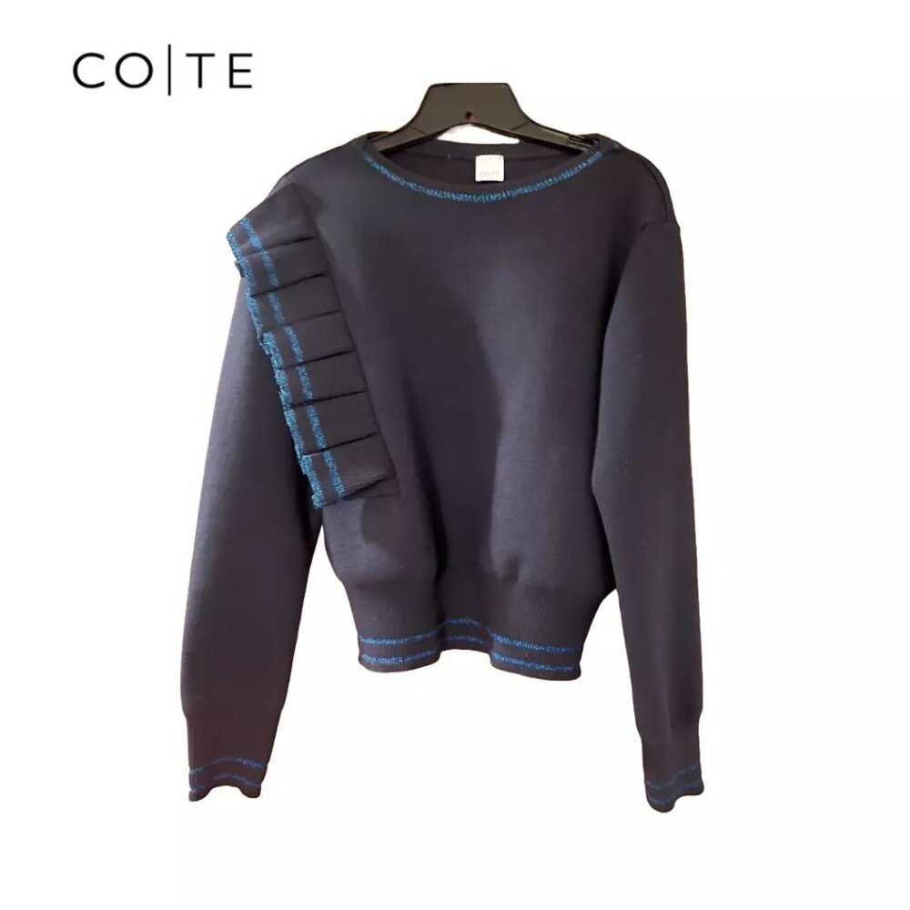 COTE Women's Dbl Knit Blue Sweater with Ruffle & Lurex, Size 46, Made in Italy